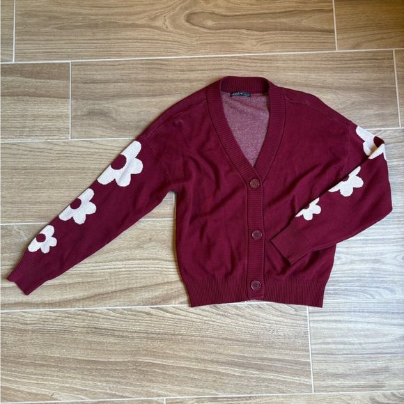 Maroon Daisy Flower Cardigan Sweater Retro Fall Cottage Indie Y2K Retro 70s Sz S - Picture 1 of 7